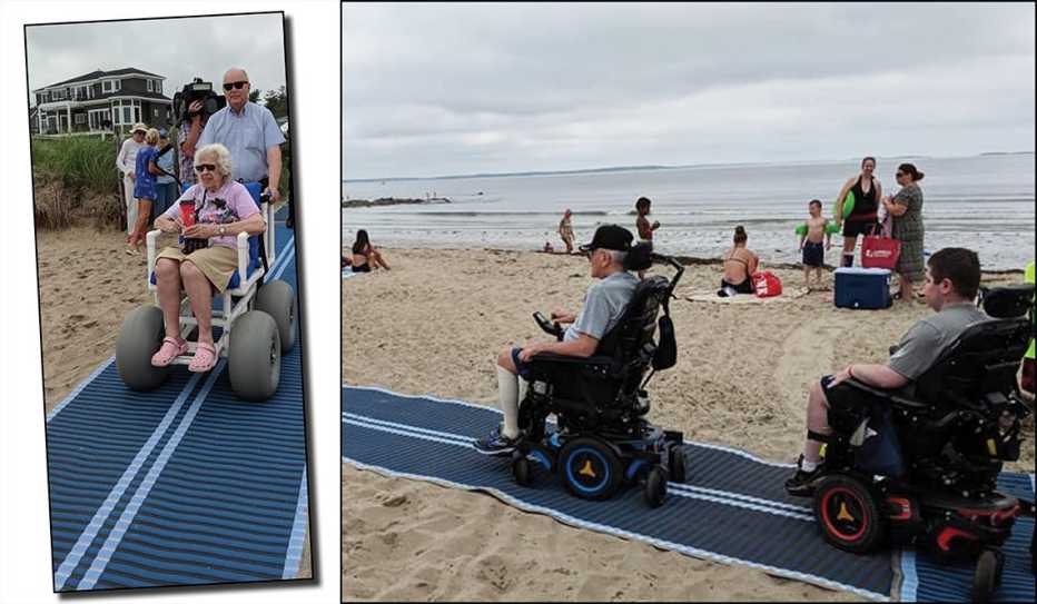 Three wheelchair users visit the beach by driving on access mats Three wheelchair users visit the beach by driving on access mats