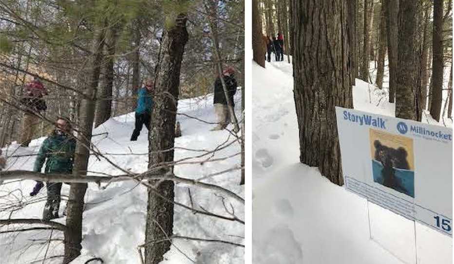 People hike in the snow while following a StoryWalk path People hike in the snow while following a StoryWalk path