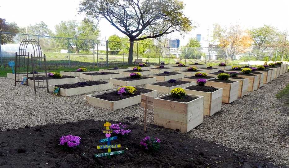 Wooden planters line an otherwise empty field