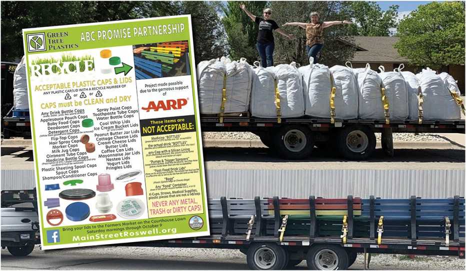 Two views of a flatbed truck delivering benches created from plastic bottlecaps (as described in the also pictured flyer)