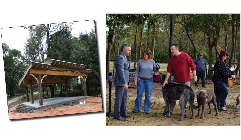 An outdoor pavilion and the Bark Park in Gulfport, Mississippi