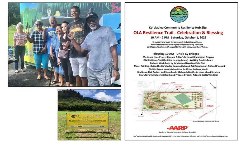 Volunteers and signage about the OLA Resilience Trail