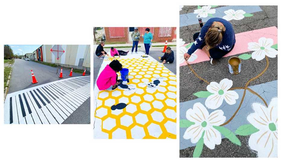 Three images showing painted crosswalks depicting a piano keyboard, a bee hive, and vines and flowers