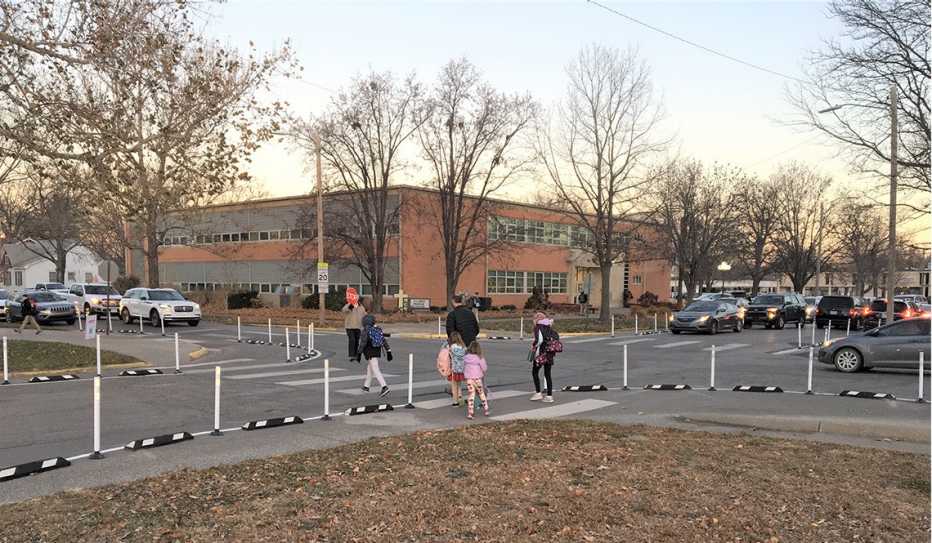 A demonstration of a road diet near a public school