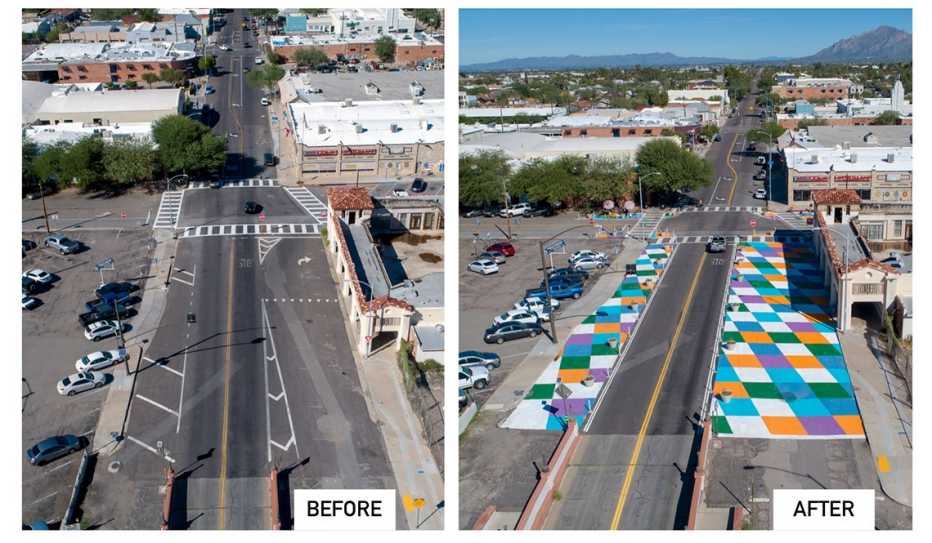 A bird's-eye  view of a wide roadway before and after being narrowed with an on-street mural