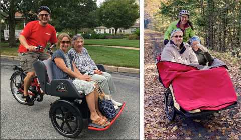Two examples of Cycling Without Age trishaws, pilots and riders