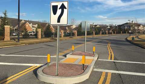 A newly installed crosswalk and pedestrian island in Edgewater, Maryland