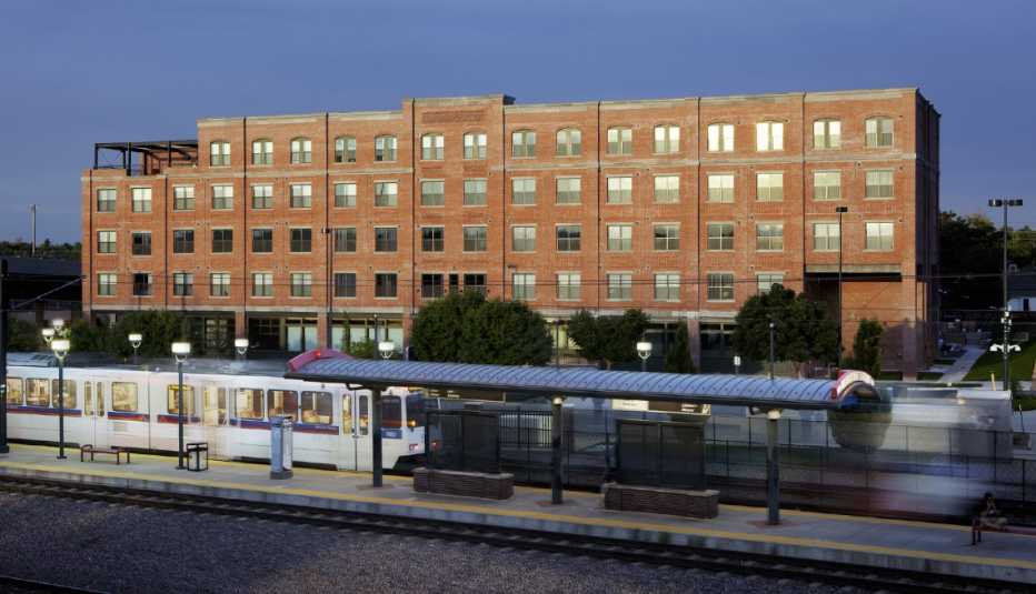 The exterior of the Evans Station Lofts building in Denver.
