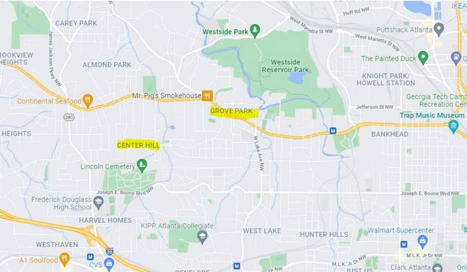 The Center Hall and Grove Park neighborhoods of Atlanta as shown on Google Maps