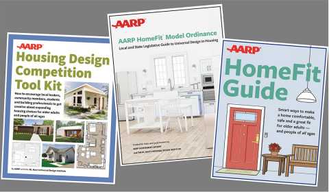 The covers of the AARP Housing Design Competition Tool Kit, the AARP HomeFit Model Ordinance and the AARP HomeFit Guide