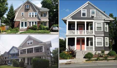 Three photos show two-story, duplex houses in Providence, Rhode Island