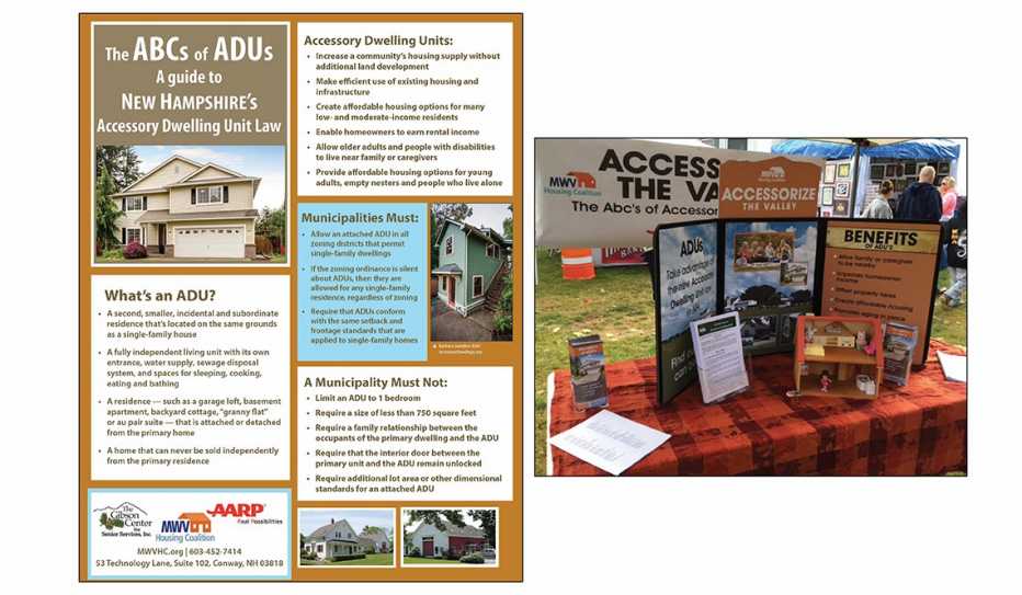 A flyer and information table about ADUs in New Hampshire