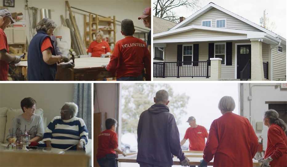 A collage of scenes from an AARP video showing volunteers helping build a home for an older person with disabilities and his caregiver