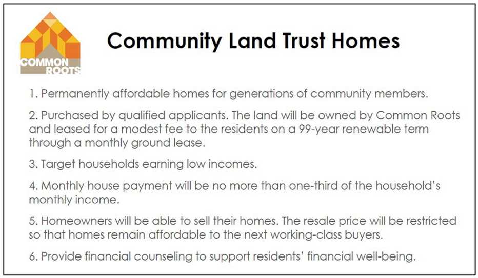 A presentation slide describing how community land trusts expand the availability of housing that’s affordable. 