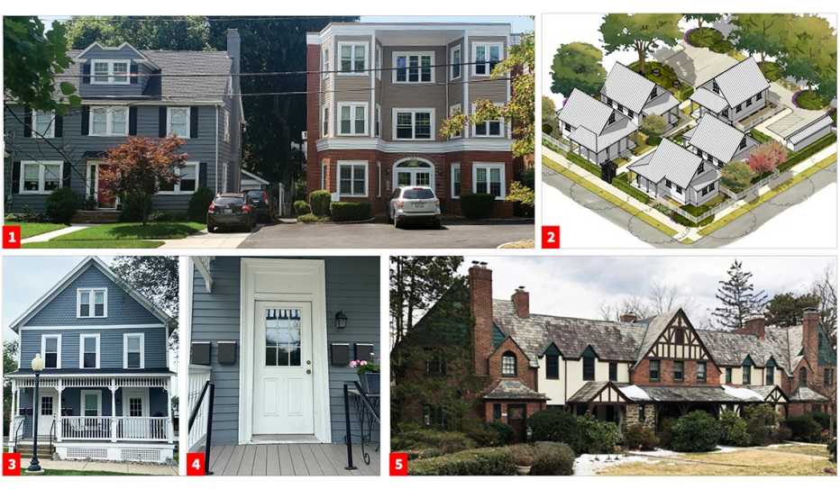 (1) A Missing Middle-style apartment building (right) stands next to, and is just a smidge taller than, a single-family home. (2) In this site plan, five cottage-style houses (of about 650 square feet each) fit on a 14,976-square-foot (or .34-acre) lot. (3) From a distance, this four-unit house looks like a single-family residence. (4) Clues that it’s not: the multiple front doors and mailboxes. (5) This Tudor-style home looks like a mansion but it contains five townhouse-like units.