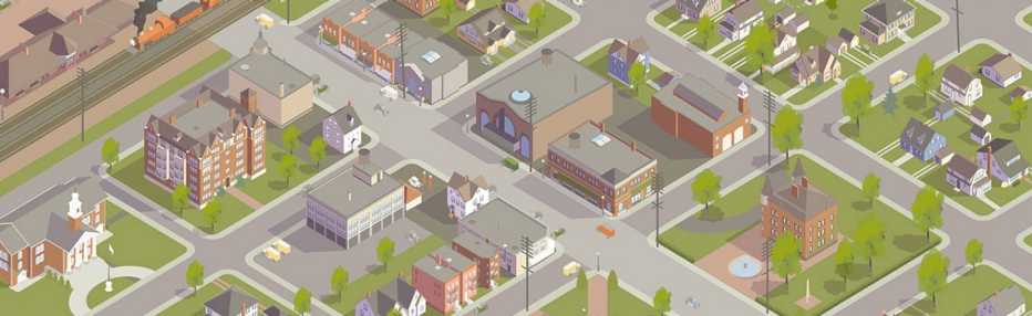 Illustrated, aerial view of a townscape Illustrated, aerial view of a townscape