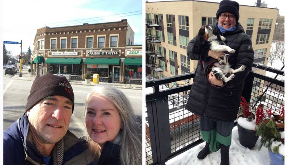 John Danicic and Kim Ode of Edina, Minnesota, and Lynette Lamb and dog on her apartment balcony