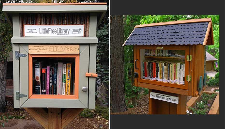 Two house-like Little Free Libraries.