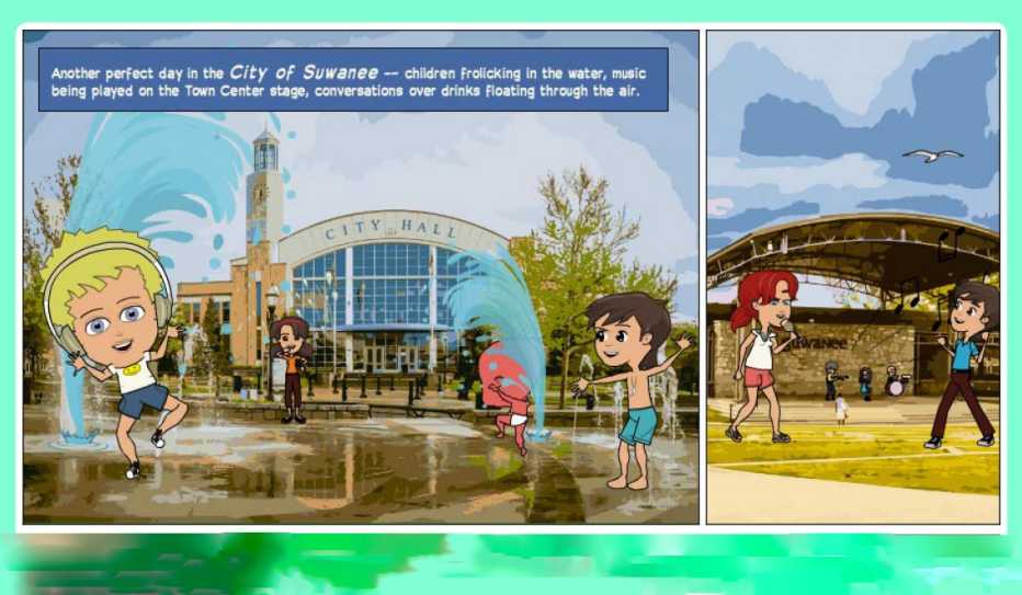 A scene from the comic book annual report by the City of Suwanee, Georgia