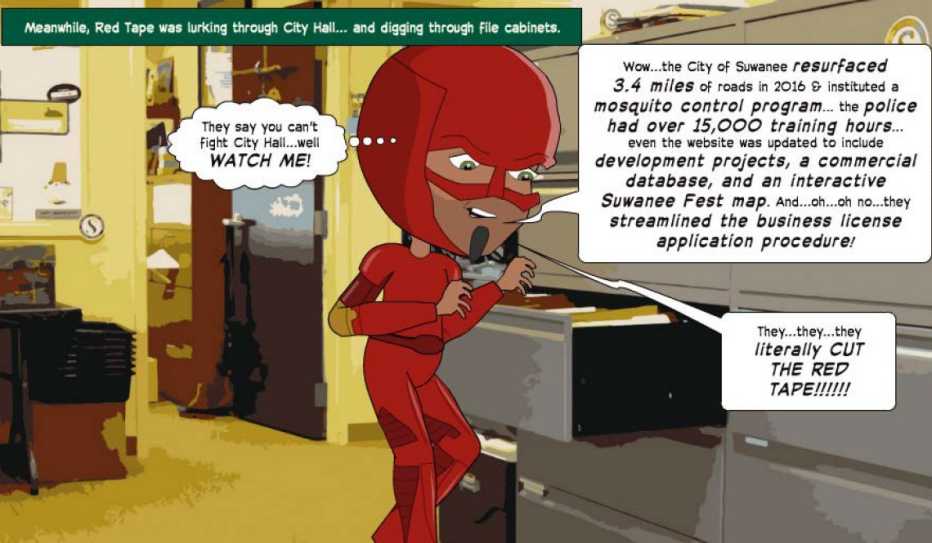 A scene from the comic book-style annual report by the City of Suwanee, Georgia