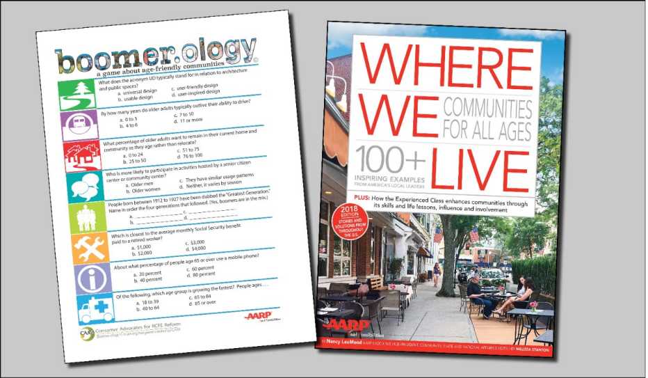 A game card from Boomer.ology and the cover of the AARP publication Where We Live