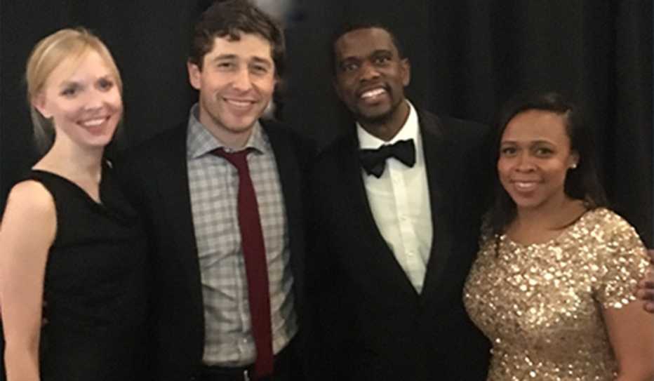 Minneapolis Mayor Jacob Frey, with wife Sarah Clarke, and Saint Paul Mayor Melvin Carter III with wife Sakeena Futrell-Carter 