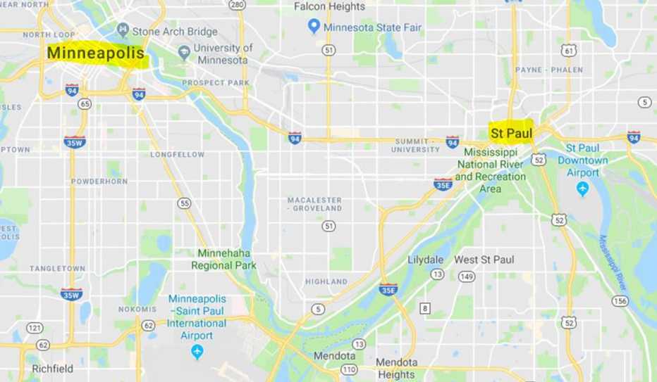Map showing the locations of Minneapolis and St. Paul, Minnesota
