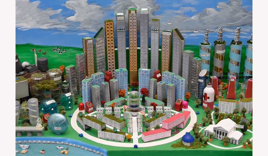 A panoramic view of the winning Mid-Atlantic team's Future City Competition display.