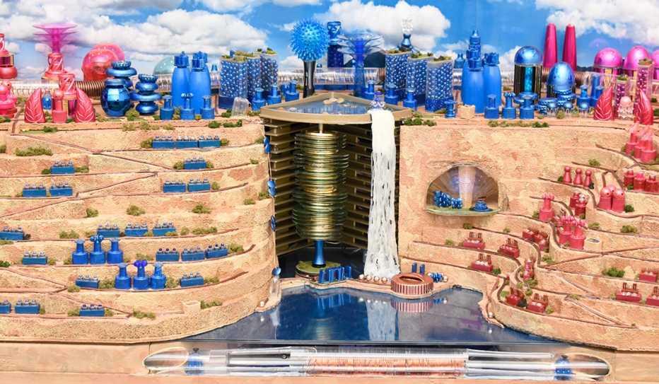 The Future City model by Team Michigan features eye-catching pink and royal blue buildings