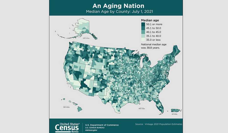 A graphic showing the median age by county in the U.S. as of July 2021
