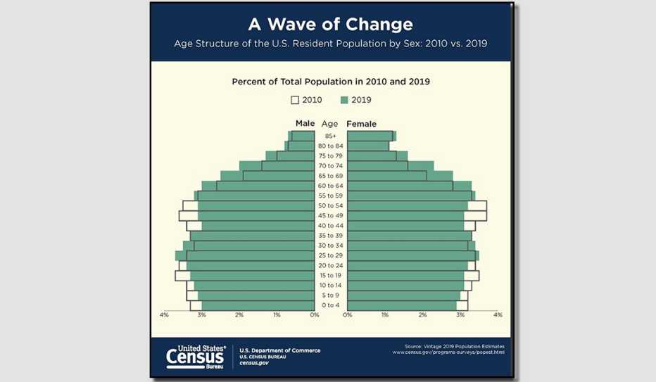 Charge showing the age of U.S. resident population by sex 2010 v. 2019