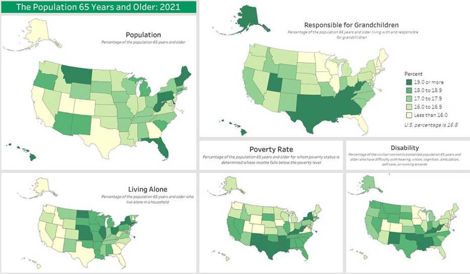 Five color-coded images of the United States map with information about the age 65 or older population of the United States