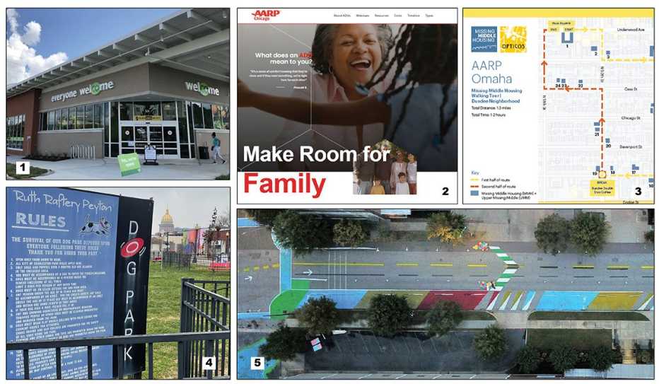 A food co-op, the Make Room for Family website, a walking tour map, a dog park sign and a Complete Streets project