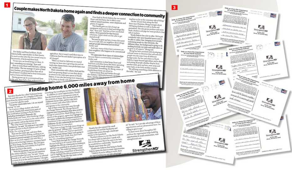 News clippings and postcards about Strengthen ND