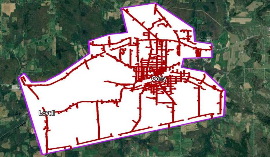 Initial fiber internet service map for the city of Corry.