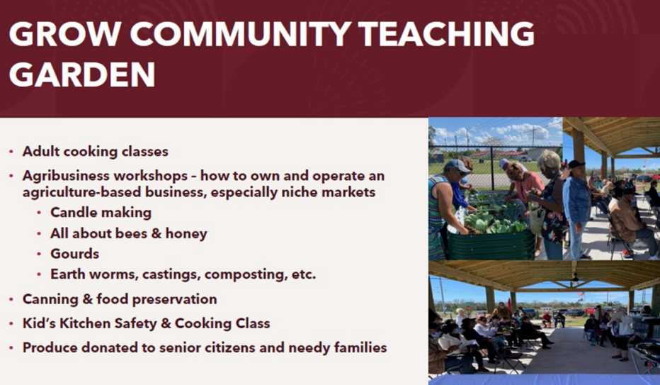 A slide from and about the Grow Community Teaching Garden in a presentation to a session of the AARP Rural Lab.