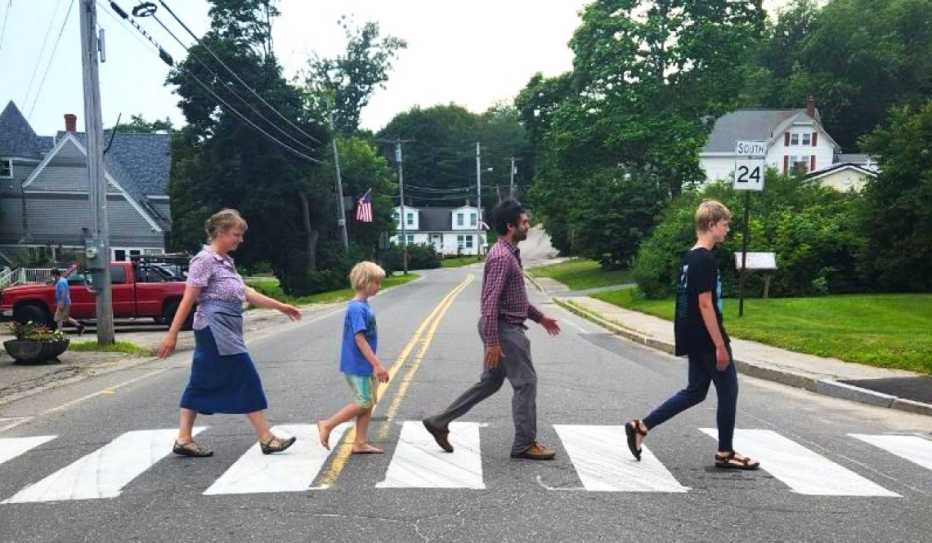 Bowdoinham residents memorialize their new crosswalk with an homage to The Beatles’s walk across Abbey Road. 
