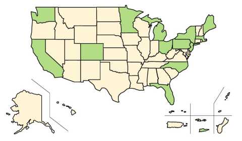 Map indicating the 14 state and territories that are members of the AARP Network of Age-Friendly States and Communities as of September 2025