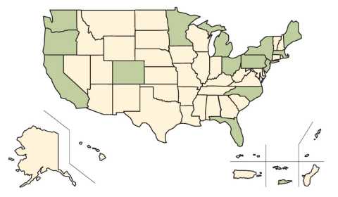 Map indicating the 15 state and territory members of the AARP Network of Age-Friendly States and Communities as of June 2026