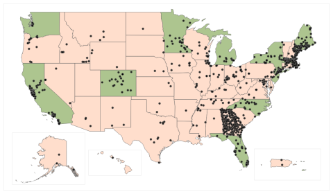 A color-coded map representing the members of the AARP Network of Age-Friendly States and Communities