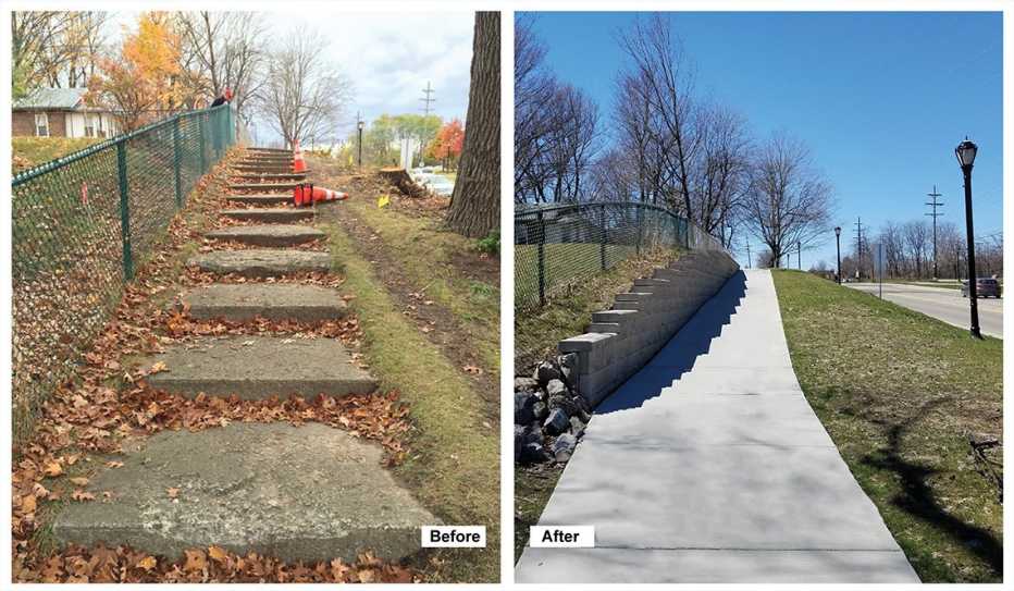 Before and after images of a rebuilt path Before and after images of a rebuilt path
