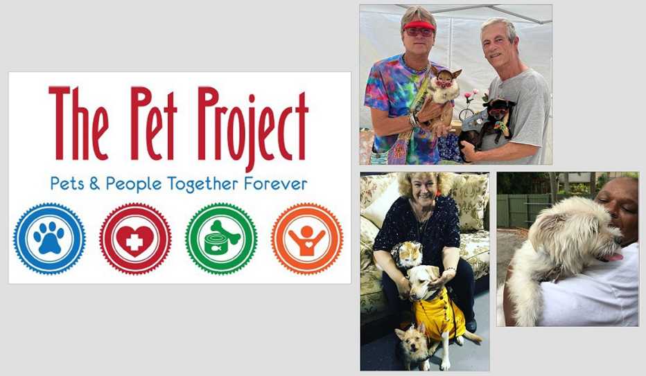 Collage showing The Pet Project logo and four pet owners with their dogs