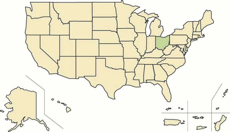Map showing the state of Ohio, a member of the AARP Network of Age-Friendly States and Communities, highlighted in green