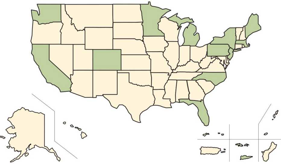 Map indicating the 13 state and territories that are members of the AARP Network of Age-Friendly States and Communities as of July 2025