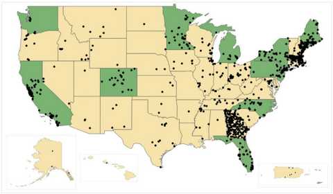 Map representing the states (in green) and communities enrolled in the AARP Network of Age-Friendly States and Communities