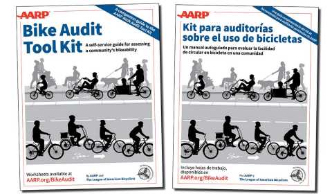 Covers of the AARP Bike Audit Tool Kit and Kit para auditorias sobre el uso de bicicletas