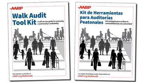 Covers of the AARP Walk Audit Tool Kit and Kit de Herramientas para Auditorias Peatonales  