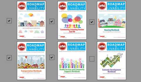 Covers of the six-part AARP Roadmap to Livability Collection with five books checked off as having been published