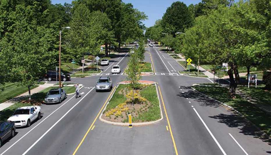 Road Diets, Aerial Shot Of Street With Safety Buffer Between Opposing Lanes Of Traffic, Livable Communities, Mid Range Community Projects Road Diets, Aerial Shot Of Street With Safety Buffer Between Opposing Lanes Of Traffic, Livable Communities, Mid Range Community Projects