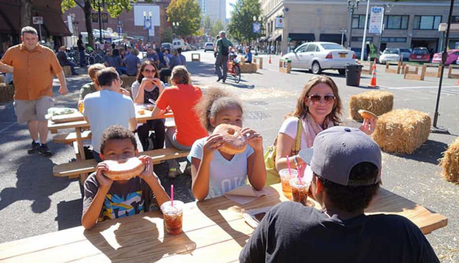 The temporary plaza was conveniently located in front of the famous Voodoo Doughnuts.